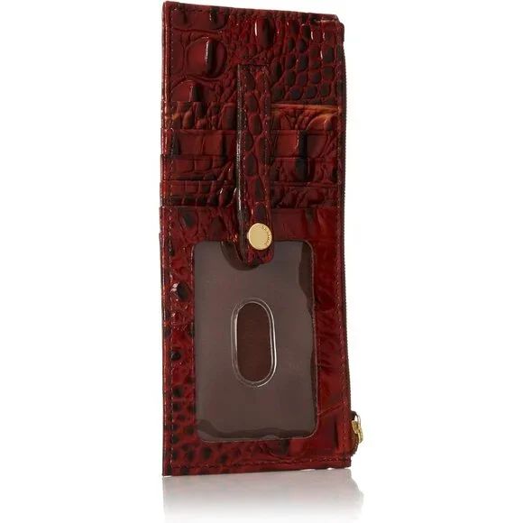 Womens Pecan Leather Slim Wallet with 10 Card Slots & Zip Closure